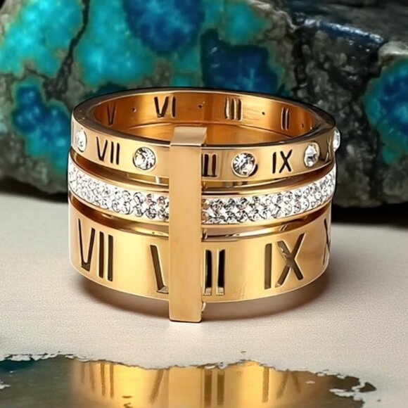 🆕️Modern Classic Roman Numeral Unisex Ring 18K Gold Plated Stainless Steel Sz 9 - Picture 1 of 14